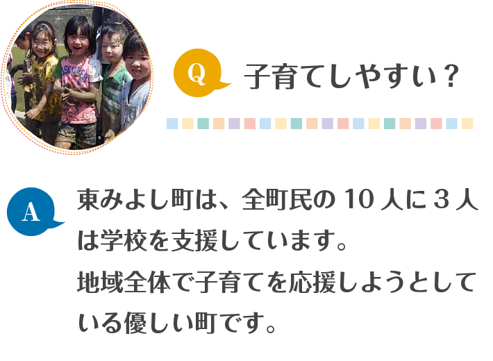 子育てしやすい?東みよし町は、全町民の10人に3人は学校を支援しています。地域全体で子育てを応援しようとしている優しい町です。SP